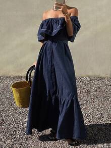 DAZY Women's Off Shoulder Super Long Dress, Vacation Style Washed Denim Dress Maxi Dress - Dark Wash - View 2