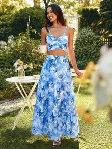 KARISMINA Women's Floral Print Camisole Top And Skirt 2 Pieces Set, Vacation - Blue - View 1