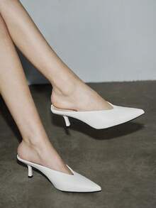 秋冬女士V形尖头拖鞋/高跟鞋，时尚高跟鞋，白色高跟鞋，白色西装高跟鞋，白色凉鞋，女士高跟凉鞋，白色婚鞋，性感派对鞋，夏季鞋履，优雅 - 白色 - 查看 2