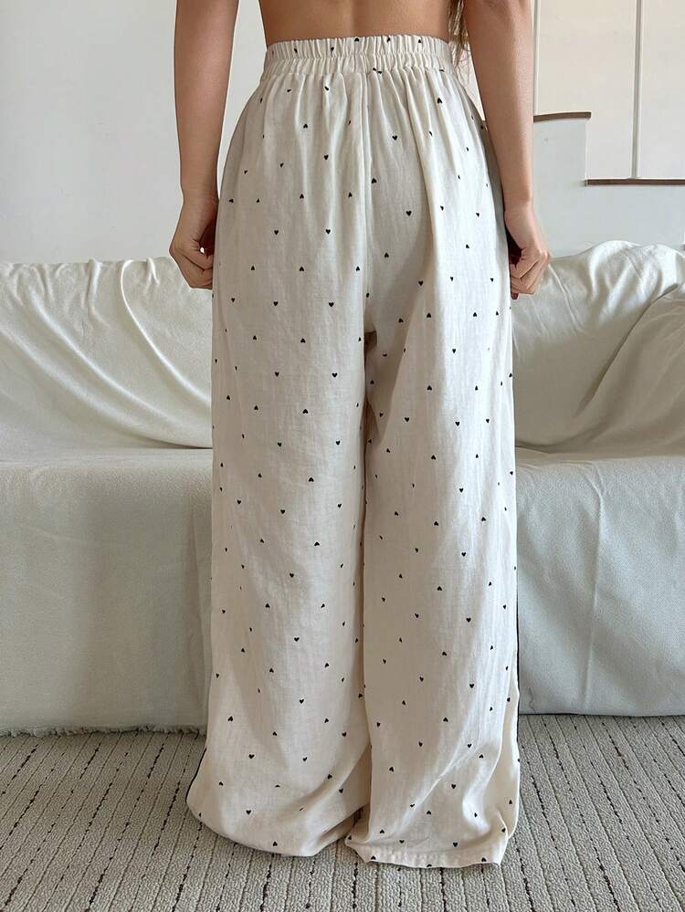 Casual Heart Print Contrast Trim Loose Women Pajama Bottoms