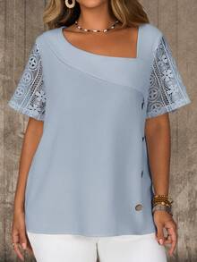 EMERY ROSE Plus Size Casual Solid Color Lace Patchwork Asymmetric Collar Blouse - Baby Blue - View 5