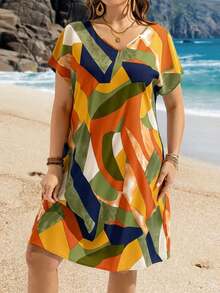 EMERY ROSE Đầm cánh dơi tay dài in hoa nhiều màu sắc cỡ lớn, trang phục đi nghỉ mát thường ngày cho nữ, trang phục mùa hè cho nữ / Mùa hè / Quần áo mùa hè, trang phục nữ phong cách Boho - xanh quân đội - Xem 5