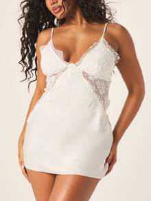 MISSGUIDED White Mini Sleep Dress With Delicate Lace Bust Panels And Spaghetti Straps For Intimate Moments Sleepwear Nightgown - White - View 5