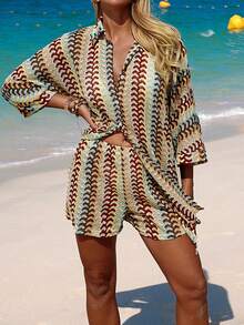 Swim Vcay 26SS Spring/Summer Vacation Beach Sexy BOHO Kimono Top And Shorts 2 Pieces Set - Multicolor - View 6