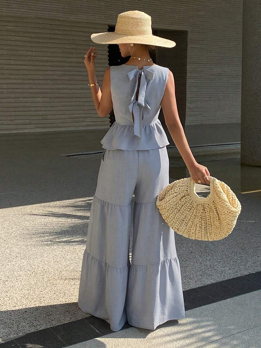DAZY Women's Elegant Solid Color Round Neck Sleeveless Ruffle Hem Camisole And Wide Leg Pants 2-Piece Set, Summer Lounge Sets For Women Short Sets For Women - Blue - View 1