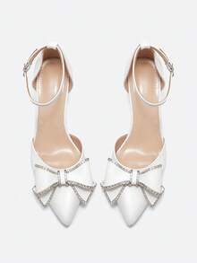 Giày cao gót dày một khóa thời trang xuân/thu dành cho nữ, giày cưới trang trọng đính nơ đính đá, giày cao gót mũi nhọn thoải mái và gợi cảm, thanh lịch - trắng - Xem 11