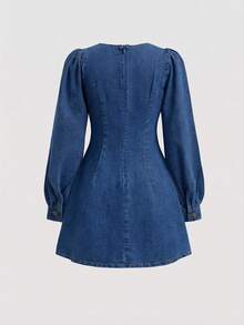 SHEIN Váy ngắn cổ vuông denim xanh cho bé gái tuổi teen - Rửa trung bình - Xem 2