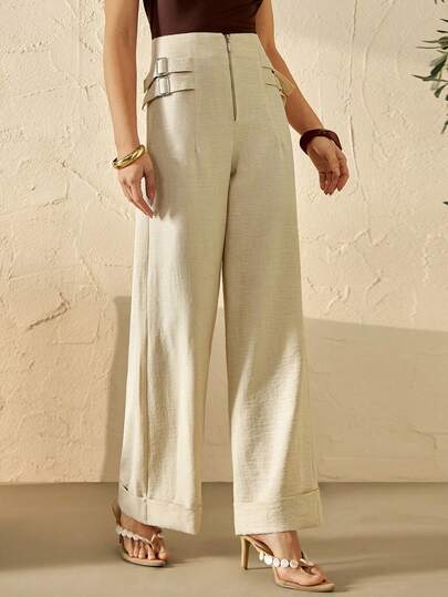 Bóhologie Calça Palazzo Bege de Cintura Alta e Pernas Largas com Detalhe de Alça Utilitária - Calça comprida de cintura alta e pernas largas, barra com punho, alça inspirada em calças cargo e detalhe de passador de cinto, caimento estruturado, estilo do escritório ao street style, calça casual chique para o trabalho, calça de cintura alta outono/inverno, tecido resistente a amassados ideal para viagens, tamanhos plus size e petite, tamanho normal, entrega rápida, compre agora, estoque limitado