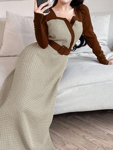 Feyla Women's Long Sleeve Long Dress, Minimalist Fashion Casual Everyday Wear Long Evening Dresses - Brown - View 7