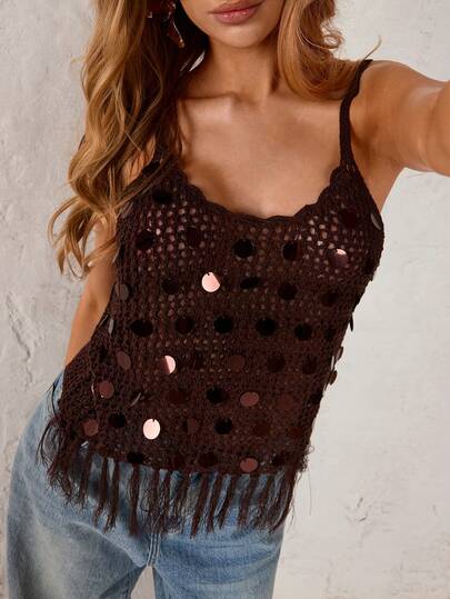 Glamine Elegant Coffee-Colored Sequin Trim Crochet Lace Hem Tasseled Spaghetti Strap Vest, Romantic Vacation, Spring/Summer Date/Party Sexy Hollow Women Knit Top