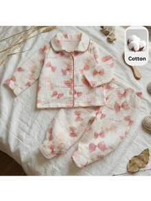 Loomiva Conjunto de 2 piezas para recién nacida: Chaqueta de manga larga con cuello y estampado de oso de dibujos animados, y pantalones de cintura elástica - Multicolor - Ver 1