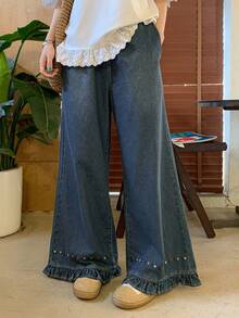 FRIFUL Women's Casual Floral Embroidered Wide Leg Jeans - Blue - View 3