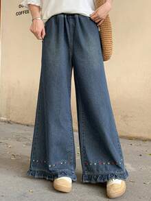 FRIFUL Women's Casual Floral Embroidered Wide Leg Jeans - Blue - View 4