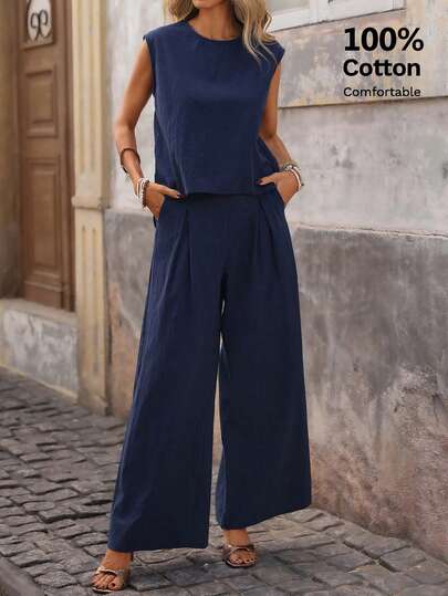 Brillora Women's Vacation Casual Solid Color Tank Top And Wide Leg Pants 2 Pieces Set,100%Cotton 2 Pieces Set,Cotton Suits,BOHO,BOHO Style,Casual Sets For Women,Summer Vacation Outfits,Back-To-School Outfits; Very Simple Outfits; Women's Country Style Clothing; Office Wear; Old-Fashioned Style; Teacher's Outfits; Date Outfits; Graduation Season; Casual Spring And Summer 2pieces Sets;Vacation, 2 Pieces Casual Sets Woman, Wide Leg Pants For Women, Summer Pants Sets For Women, Navy Blue Top And Pants, Casual Wear For Women, Navy Blue Women's Pant Set