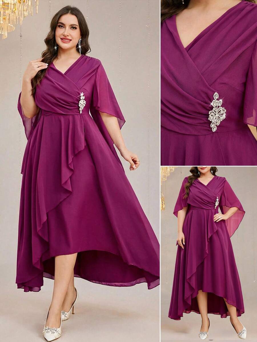 Reflora Đầm midi ngắn tay xếp ly màu trơn dành cho nữ cỡ lớn, thanh lịch - Màu đỏ tím - Xem 1