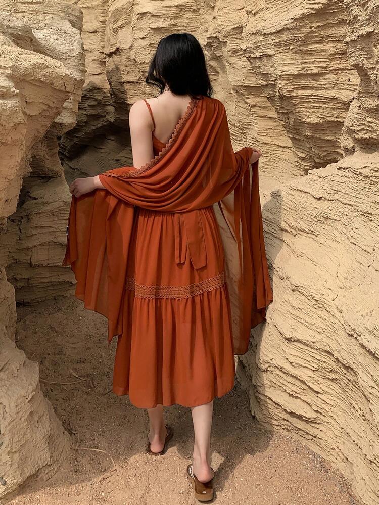 Women's Elegant Lace Patchwork Ruched Tie Strap Dress With Headband, 2-Piece Set, Summer