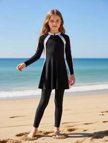 SHEIN Bộ đồ bơi dài tay in hình lá cây có khóa kéo dành cho bé gái tuổi teen, màu hồng, gồm áo và quần, thích hợp cho bãi biển, bơi lội và kỳ nghỉ. - Nhiều màu - Xem 3