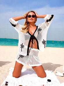 Swim Vcay 女士镂空白色棕榈树刺绣沙滩罩衫短裤套装，春夏款 - 白色 - 查看 4