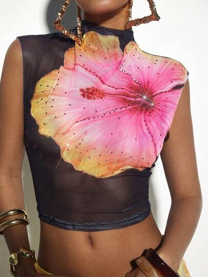 Coolane Women's Spring/Summer Streetwear Chic Y2K Vacation Outfits Breathable Mesh Floral Sparkly Black Bustier T-Shirt