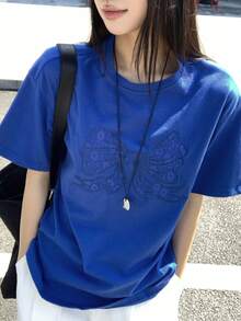 DAZY 女士休闲纯色蕾丝蝴蝶结刺绣T恤，夏季 - 藍色 - 查看 1