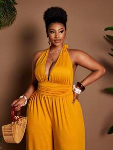 Maweii Mono de verano con cuello halter, cintura fruncida y amarres en los tobillos en color amarillo mostaza para mujer talla grande. Elegante para primavera, vacaciones y salidas de fiesta. - Amarillo - Ver 5