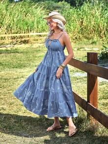 Breezaya 女士西部风格前系带旭日图案吊带牛仔中长连衣裙 - 藍色 - 查看 4