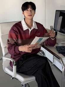 DAZY 男士條紋撞色 Polo 衫，夏季長袖上衣，女款圖案 T 恤，男士 - 彩色 - 查看 6