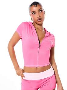 BABYPHAT 女士亮粉色连帽拉链露脐短款上衣，饰有水钻，短袖针织休闲套头衫，春夏款 - 粉色 - 查看 1