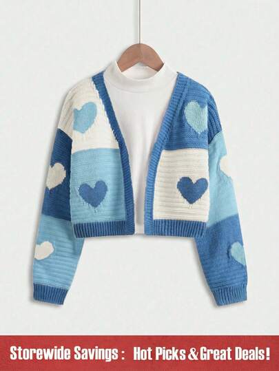 SHEIN Tween Girl 1pc Heart Pattern Drop Shoulder Duster Cardigan