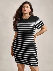 Zelara Plus Size Round Neck Striped & Printed Casual Summer Short Sleeve Dress - Black - View 6