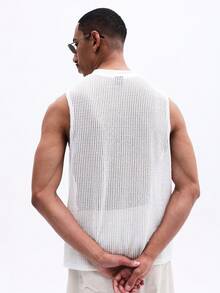 SUMWON 男士白色无袖网眼背心 夏季透气圆领休闲轻薄针织透视背心 常规版型 - 米色 - 查看 2