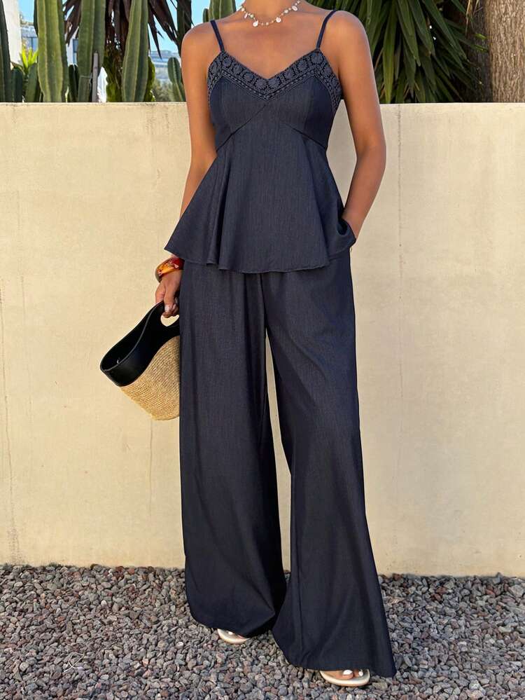 Women's Casual Lace Patchwork Ruffle Strap Wide Leg Pants 2 Pieces Set, Spring/Summer