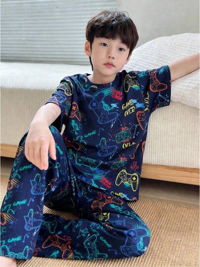 Boys' Gamer Theme Long Sleeve & Pants Set, Navy Blue Base With Controller Print, "GAME OVER" Letter Decor, Comfortable & Skin-Friendly, Casual Homewear & Loungewear