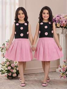 Tween Girls Solid Sleeveless Top With Cute 3D Floral Decor And Pleated Skirt 2-Piece Set, Fashionable French Elegant Outfit, Ladylike Style, Back To School, Suitable For Graduation Dance, Birthday Party,Kids - Pink - View 4