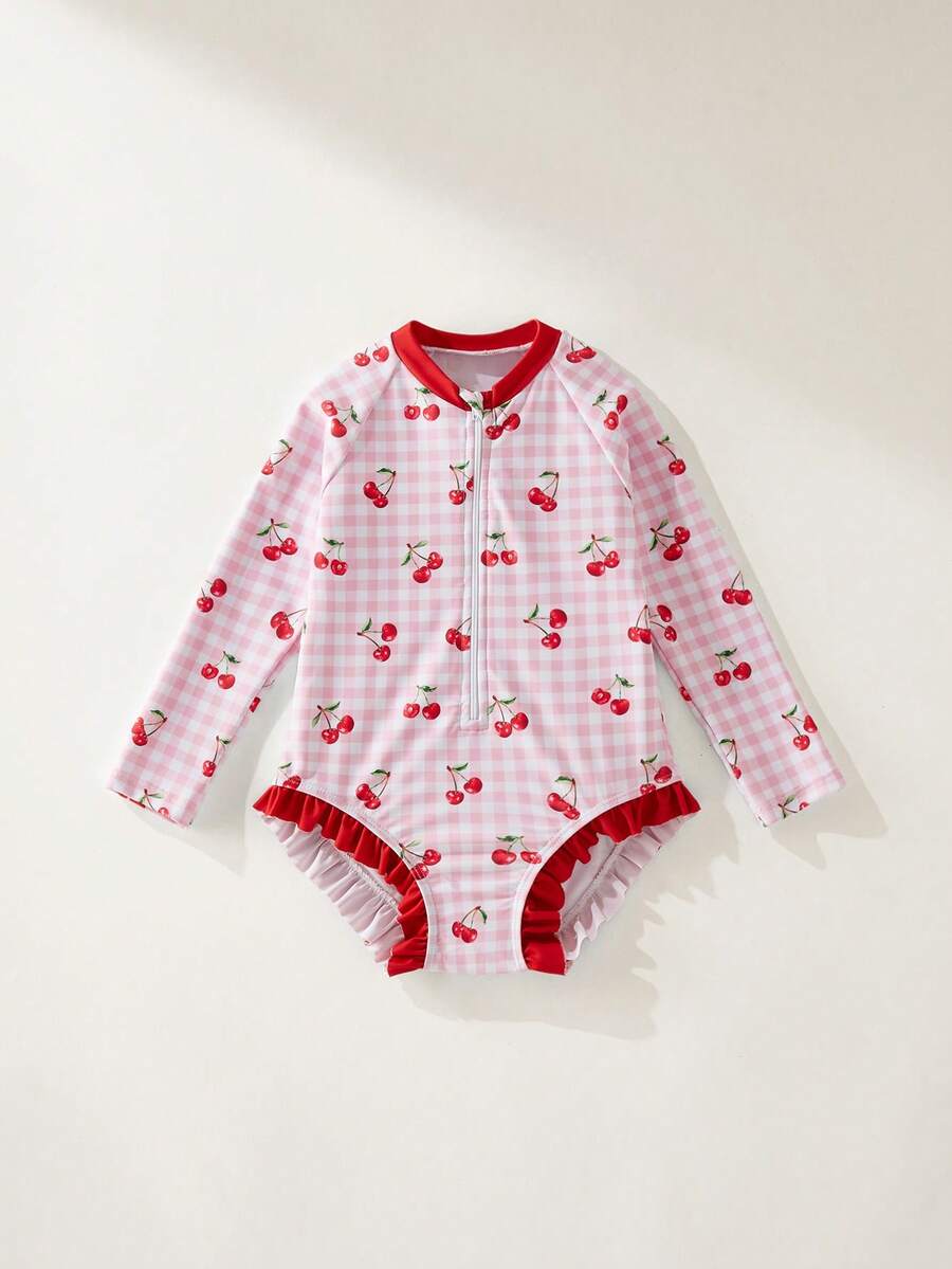 Maija Kids Maija Kids 1件装少女休闲优雅度假修身可爱粉色格子+樱桃印花长袖泳衣，适合泳池、海滩、海边、沙滩派对、春季、夏季穿着。