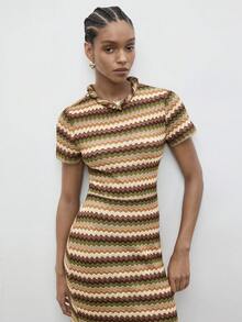 Maija Women's Striped Pattern Fitted Casual Short Sleeve Midi Dress - Multicolor - View 4