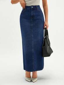 RueChic High Waist Slant Pocket Denim Skirt - Medium Wash - View 5