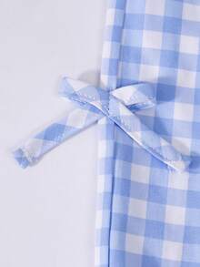 Tween Girls' Fresh & Sweet Plaid Sleeveless Bow Tie Ruffle Trim Top + Wide Leg Pants 2-Piece Set, Suitable For Summer Picnic, Park, Daily Wear, School - Blue - View 7