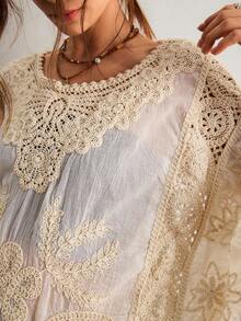 Freevana Áo kiểu nữ ren tan trong nước cổ tròn tay dài dáng rộng, thích hợp đi nghỉ mát, áo móc len, áo mùa hè dễ thương, phong cách bohemian, đồng quê. - Màu be - Xem 7