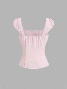 Sweetra Women's New Fashion Versatile Twist Tie Waist Button-Up Short Sleeve Shirt - Baby Pink - View 2