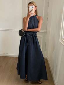 DAZY 女士无袖长款系腰休闲度假牛仔连衣裙 - 深色水洗藍 - 查看 2