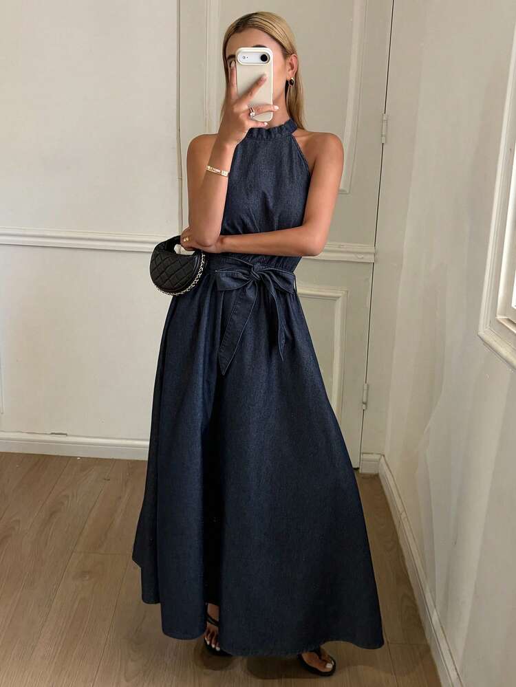 Women's Sleeveless Long Tie-Waist Casual Vacation Denim Dress