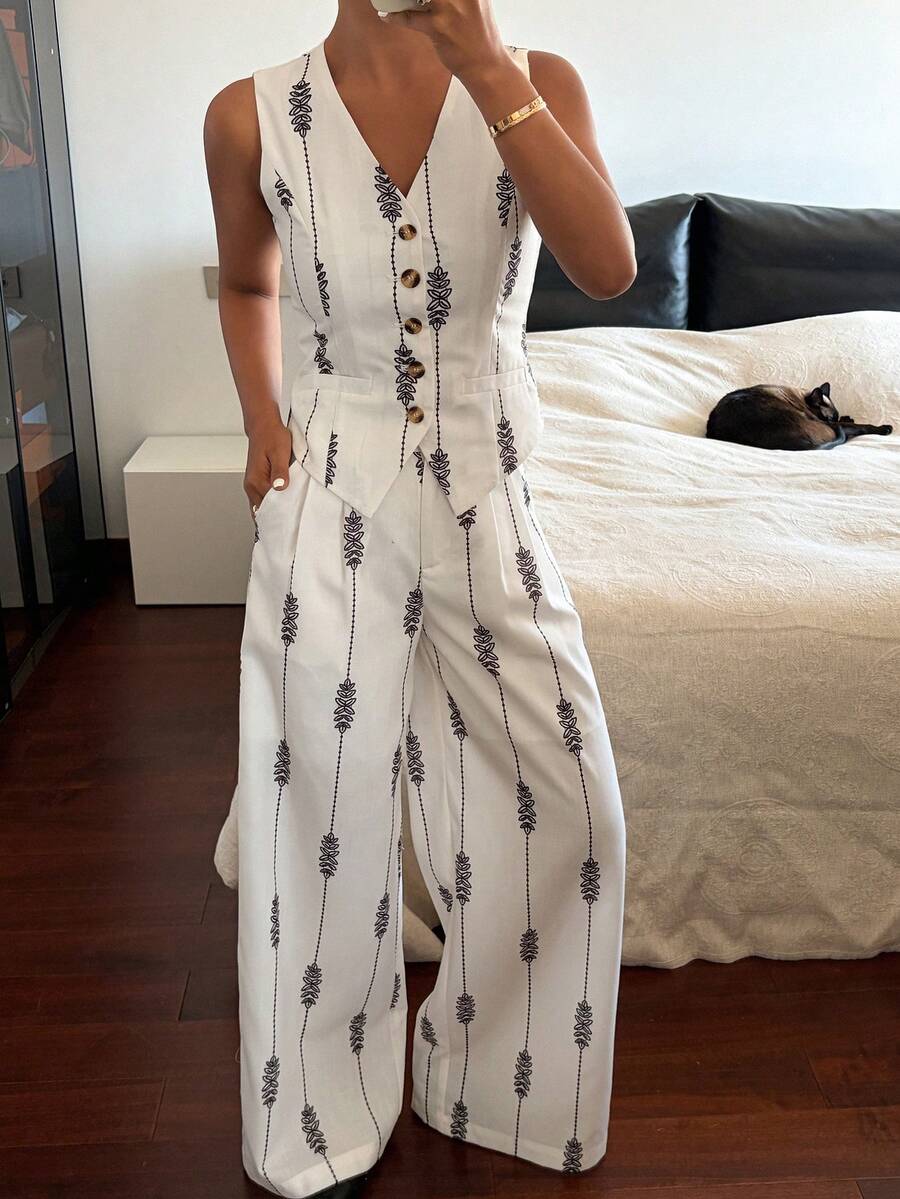 DAZY 女士条纹V领无袖背心和宽松阔腿裤休闲两件套 - 白色 - 查看 1