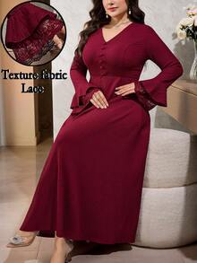 Modelyn Plus Size Lace Cuff Decor Elegant V-Neck Button Waist Midi Dress - Burgundy - View 4