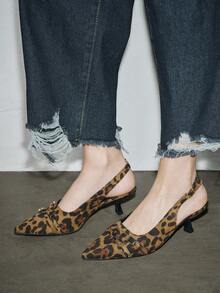 2025春秋新款女士豹纹高跟鞋，尖头后跟系带小猫跟搭扣礼服鞋，优雅派对鞋 - 棕色 - 查看 5