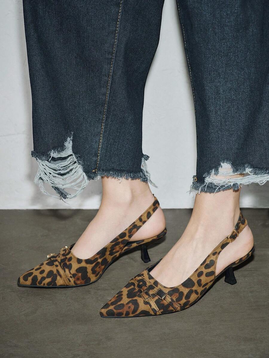 Giày cao gót họa tiết da báo nữ 2025 Xuân/Thu, Kiểu dáng mới, mũi nhọn, quai sau, gót mèo con nhỏ, khóa cài, Thanh lịch, Dự tiệc - màu nâu - Xem 1