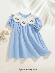 Cozy Pixies Baby Girl Floral Print Ruffle Collar Petal Sleeve Dress - Blue - View 1