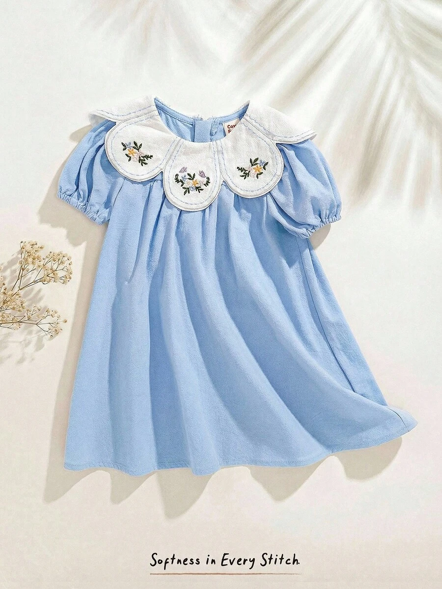 Cozy Pixies Baby Girl Floral Print Ruffle Collar Petal Sleeve Dress - Blue - View 1