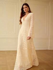 ZEYLAH Vestido de cuello en V con encaje, primavera/verano - Albaricoque - Ver 5