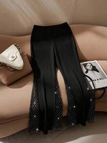 Chikora Plus Size Stretchy Lace Patchwork Flare Leg Black Pants - Black - View 13